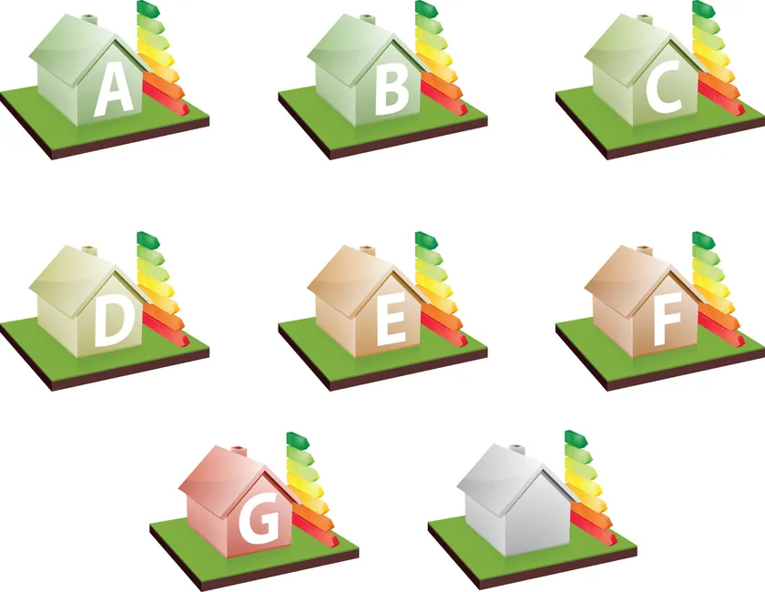 Small houses labelled with energy ratings from A to G Small houses labelled with energy ratings from A to G